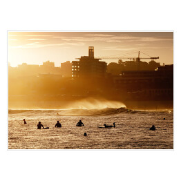 Plakat samoprzylepny Surfiarze czekający na fale podczas zachodu słońca w Bondi Beach