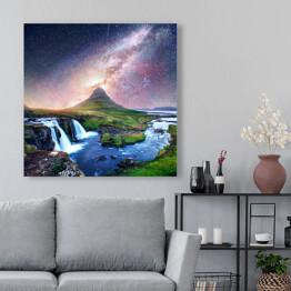 Obraz na płótnie Widowiskowe niebo pełne gwiazd nad wulkanem i wodospadami