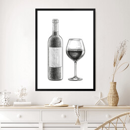 Obraz w ramie Czerwone wino - butelka i kieliszek