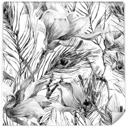 Tapeta w rolce Czarno biały wzór - magnolia i paw z piórkiem