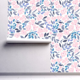 Tapeta samoprzylepna w rolce Wzór z kwiatowym nadrukiem w odcieniach różu, szarości i niebieskiego na białym tle