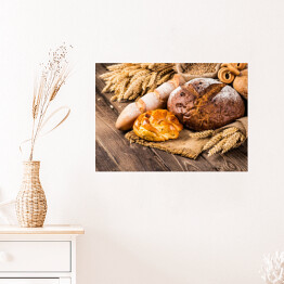 Plakat Kłosy zbóż oraz chleb na drewnianym stole