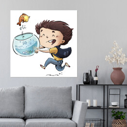 Plakat samoprzylepny Dziecko z rybą i akwarium
