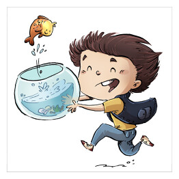 Plakat samoprzylepny Dziecko z rybą i akwarium