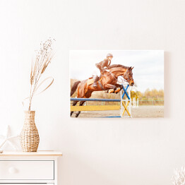 Obraz na płótnie Podpalany koń z dziewczyną skaczący nad przeszkodą 