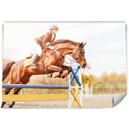Fototapeta Podpalany koń z dziewczyną skaczący nad przeszkodą 