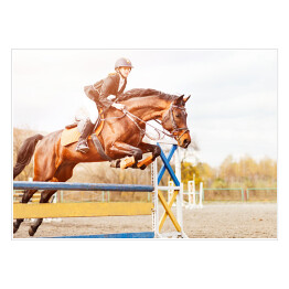 Plakat samoprzylepny Podpalany koń z dziewczyną skaczący nad przeszkodą 