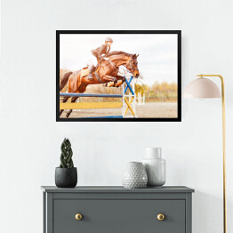 Obraz w ramie Podpalany koń z dziewczyną skaczący nad przeszkodą 