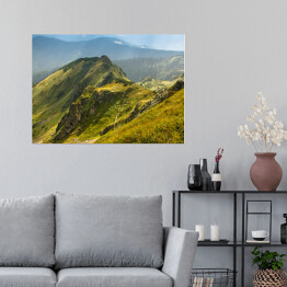 Plakat Piękny krajobraz gór latem, widok na klify i zielone wzgórza
