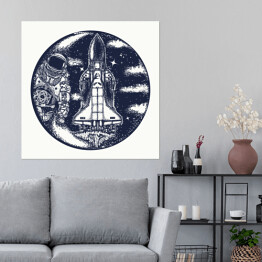 Astronautyczny wahadłowiec i astronauta - czarno biała ilustracja