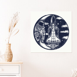Plakat samoprzylepny Astronautyczny wahadłowiec i astronauta - czarno biała ilustracja