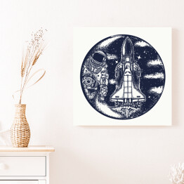 Obraz na płótnie Astronautyczny wahadłowiec i astronauta - czarno biała ilustracja
