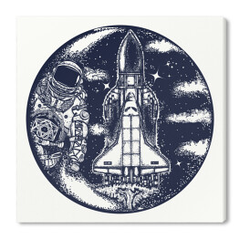 Obraz na płótnie Astronautyczny wahadłowiec i astronauta - czarno biała ilustracja
