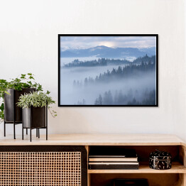 Plakat w ramie Góra krajobraz z jedlinowym lasem i mgłą