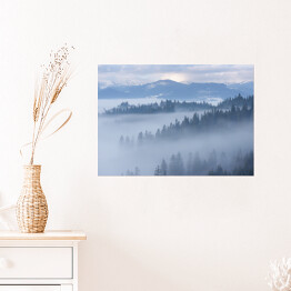 Plakat samoprzylepny Góra krajobraz z jedlinowym lasem i mgłą