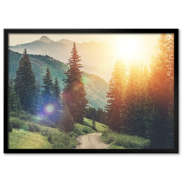 Plakat w ramie Droga między drzewami na tle gór podczas wschodu słońca