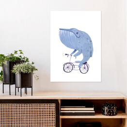 Plakat samoprzylepny Wieloryb jadący na rowerze na białym tle