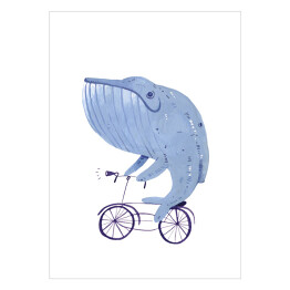 Plakat samoprzylepny Wieloryb jadący na rowerze na białym tle