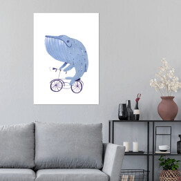 Plakat Wieloryb jadący na rowerze na białym tle
