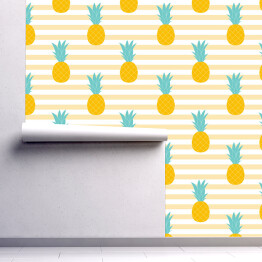 Tapeta samoprzylepna w rolce Żółto niebieskie ananasy na pastelowym tle w pasy