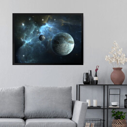 Obraz w ramie Kamienna planeta oraz księżyc na tle mgławicy