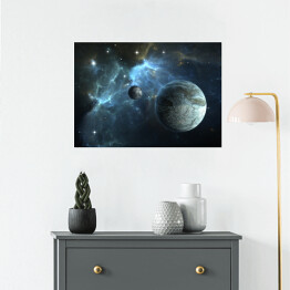 Plakat Kamienna planeta oraz księżyc na tle mgławicy