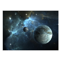 Plakat Kamienna planeta oraz księżyc na tle mgławicy