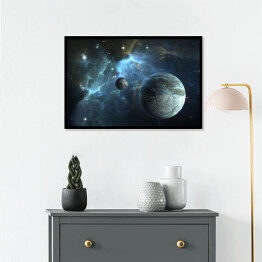 Plakat w ramie Kamienna planeta oraz księżyc na tle mgławicy