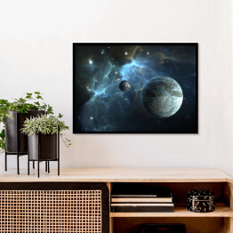 Plakat w ramie Kamienna planeta oraz księżyc na tle mgławicy