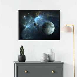 Obraz w ramie Kamienna planeta oraz księżyc na tle mgławicy