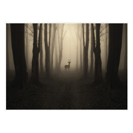 Plakat Jeleń na ścieżce w lesie o zmierzchu