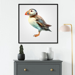 Plakat w ramie Malowany jasny ptak z kolorowym dziobem na białym tle