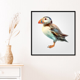 Plakat w ramie Malowany jasny ptak z kolorowym dziobem na białym tle