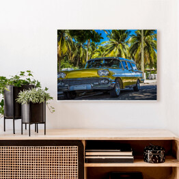 Obraz na płótnie Amerykański złocisty żółty klasyczny parking samochodowy w Varadero blisko plaży pod drzewkami palmowymi w Kuba - Seria Kuba reportaż