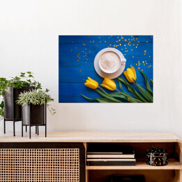 Plakat Kubek kawy z żółtymi tulipanami i notatka na błękitnym stole