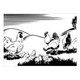 Plakat Kury i kurczaki na łące - czarno biała ilustracja