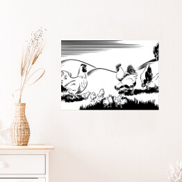 Plakat Kury i kurczaki na łące - czarno biała ilustracja