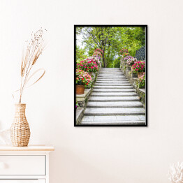Plakat w ramie Piękne kamienne schodki z kwiatami w garnkach 