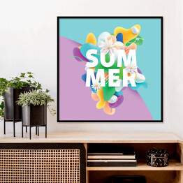 Plakat w ramie "Lato" - ilustracja z napisem i kwiatami