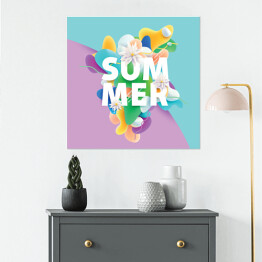 Plakat samoprzylepny "Lato" - ilustracja z napisem i kwiatami