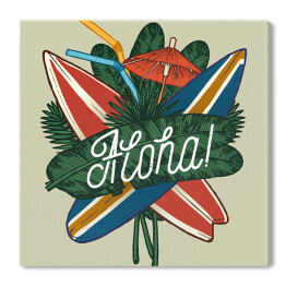 Obraz na płótnie Tekst "aloha" na tle desek surfingowych