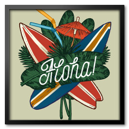 Obraz w ramie Tekst "aloha" na tle desek surfingowych