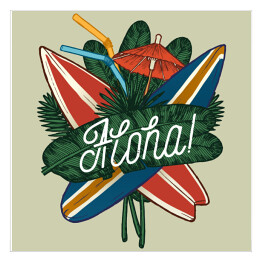 Plakat samoprzylepny Tekst "aloha" na tle desek surfingowych