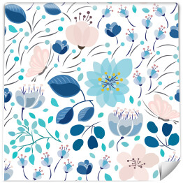 Tapeta samoprzylepna w rolce Abstrakcyjne blade błękitne i różowe kwiaty i liście na białym tle 