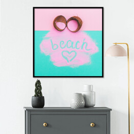 Plakat w ramie Rozbity kokos z różową farbą i napisem "beach"