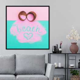 Plakat w ramie Rozbity kokos z różową farbą i napisem "beach"