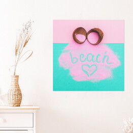 Plakat samoprzylepny Rozbity kokos z różową farbą i napisem "beach"