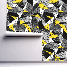 Tapeta samoprzylepna w rolce Geometryczny wzór w stylu retro - żółte trójkąty i czarne dekoracje