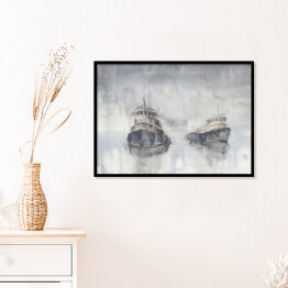 Plakat w ramie Dwie łodzie na morzu we mgle