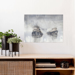 Plakat Dwie łodzie na morzu we mgle